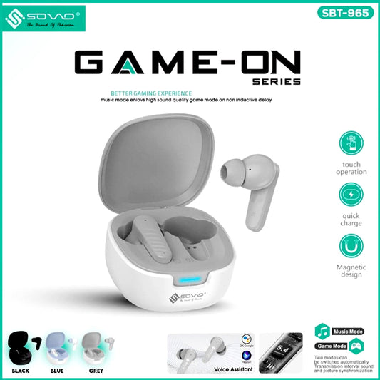 SOVO SBT-965 Game-On Wireless Earbuds – Bluetooth 5.3, ENC Noise Cancellation, Low Latency Gaming Mode