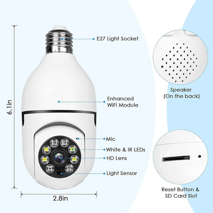 V380 Full HD 1080P Wireless LED PTZ Bulb Camera (Night Vision, Motion Detection, Two-Way Audio)