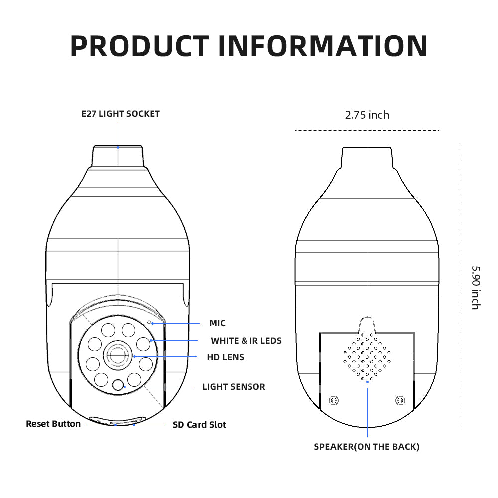 V380 Full HD 1080P Wireless LED PTZ Bulb Camera (Night Vision, Motion Detection, Two-Way Audio)