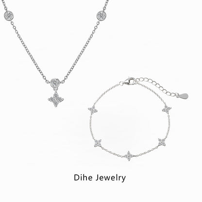 S925 Sterling Silver Necklace & Bracelet Set – Starry Design with Zircon Accents for Women