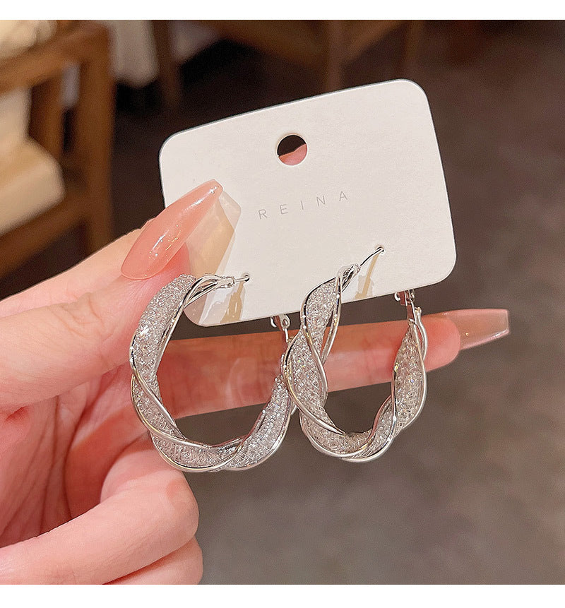 Mesh Crystal Sterling Silver Earrings – Geometric Ring Style for Women (Japan & South Korea Inspired)