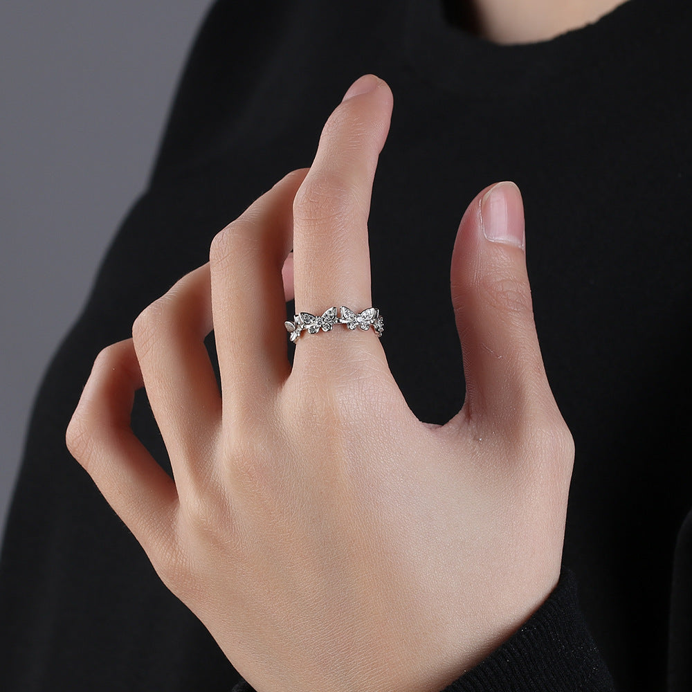 Butterfly Inlaid Adjustable Ring – Bowknot Design with Gold-Plated Artificial Gems for Women